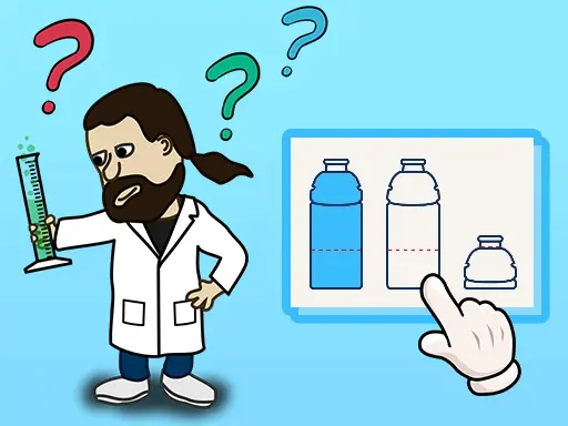  Ilustração de um cientista com jaleco branco segurando um tubo de ensaio verde, com expressão confusa e três pontos de interrogação coloridos acima da cabeça. Ao lado, há uma mão branca apontando para uma tela que mostra três garrafas de tamanhos diferen